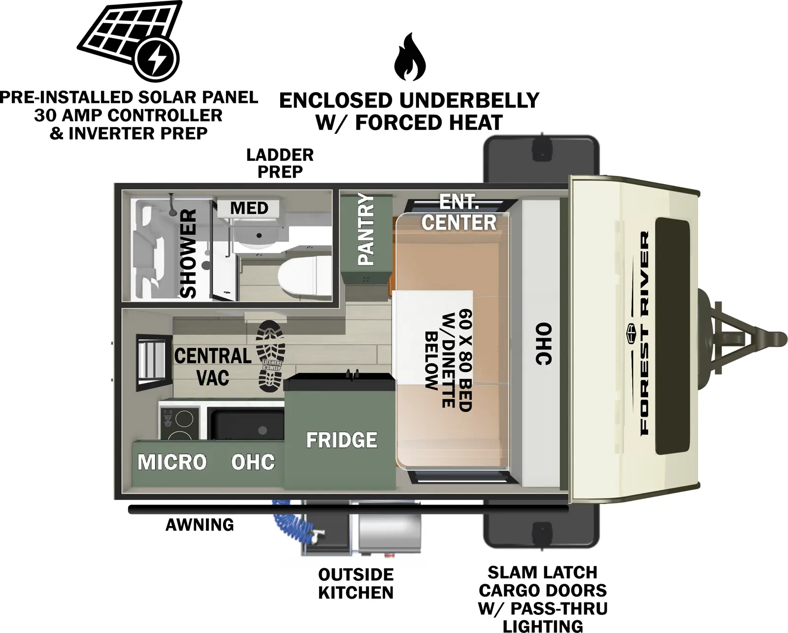 The No Boundaries NB18.1 floorplan has one entry and zero slide outs. Exterior features include: fiberglass exterior and 8' awning. Interiors features include: u-dinette.